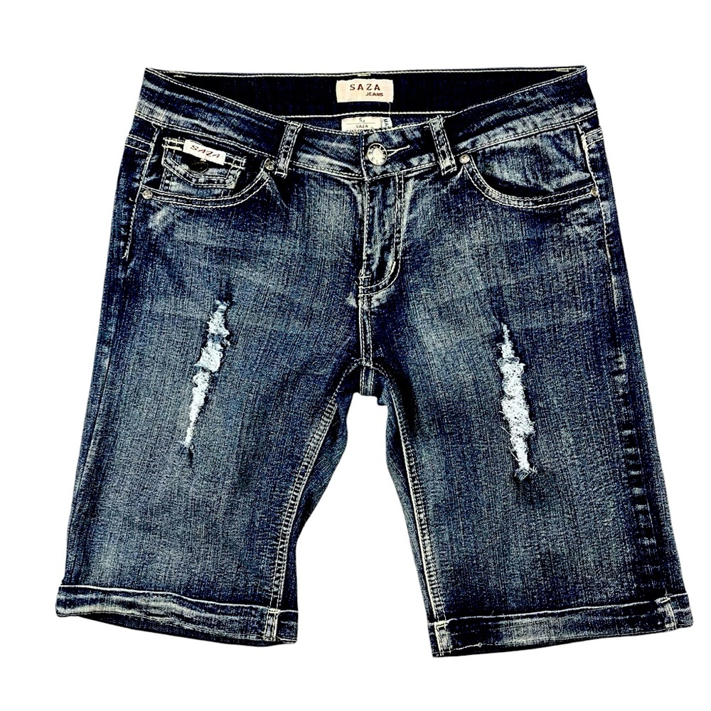 Saza Jeans Denim Shorts Junior’s 9 Embellished Distressed Dark Wash Denim